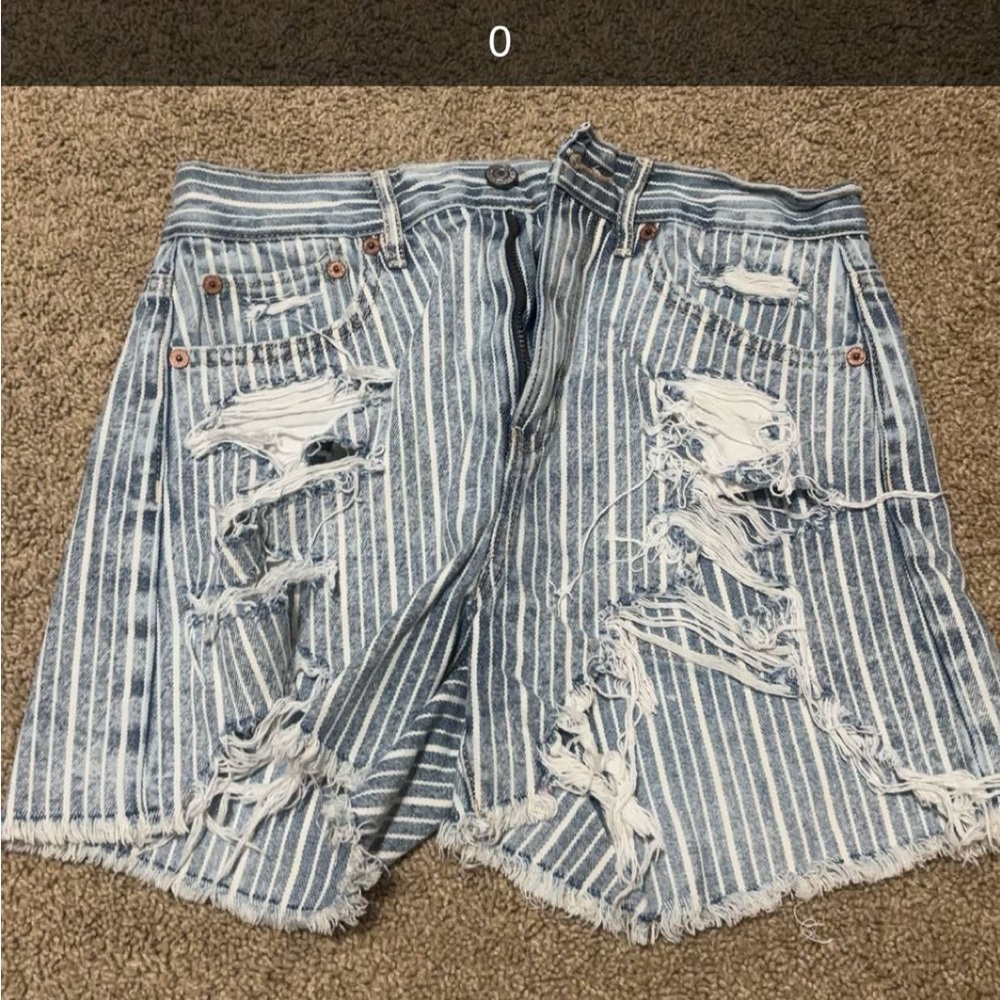 Striped Distressed Denim Shorts